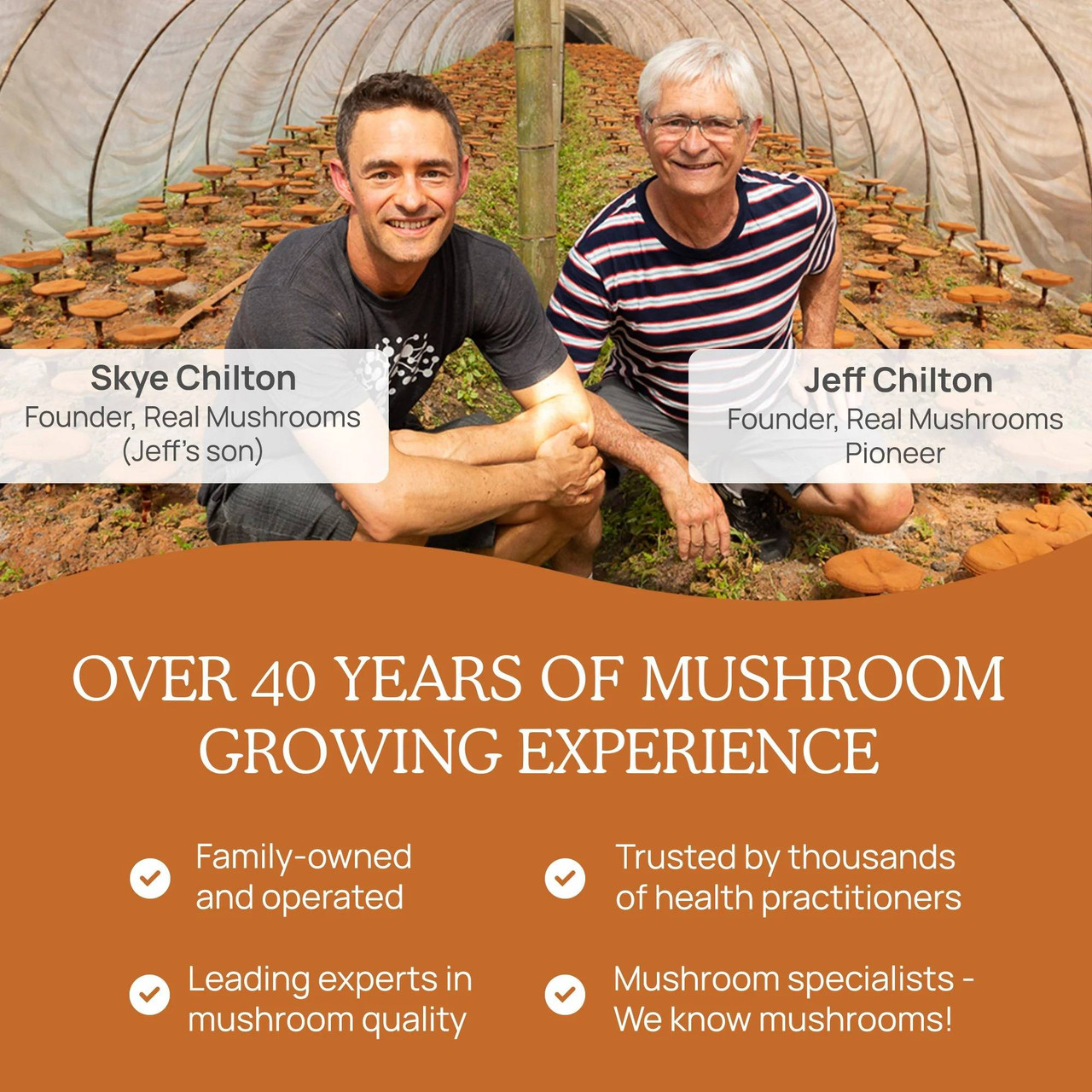 Founders Skye and Jeff Chilton, over 40 years of mushroom growing experience graphic