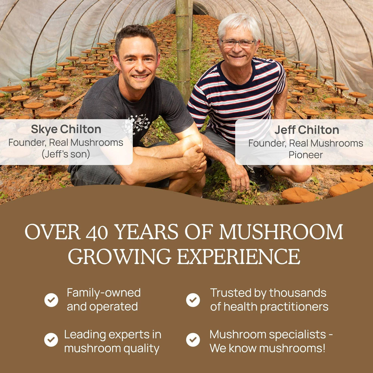Founders Skye and Jeff Chilton in a mushroom grow house, over 40 years of mushroom growing experience