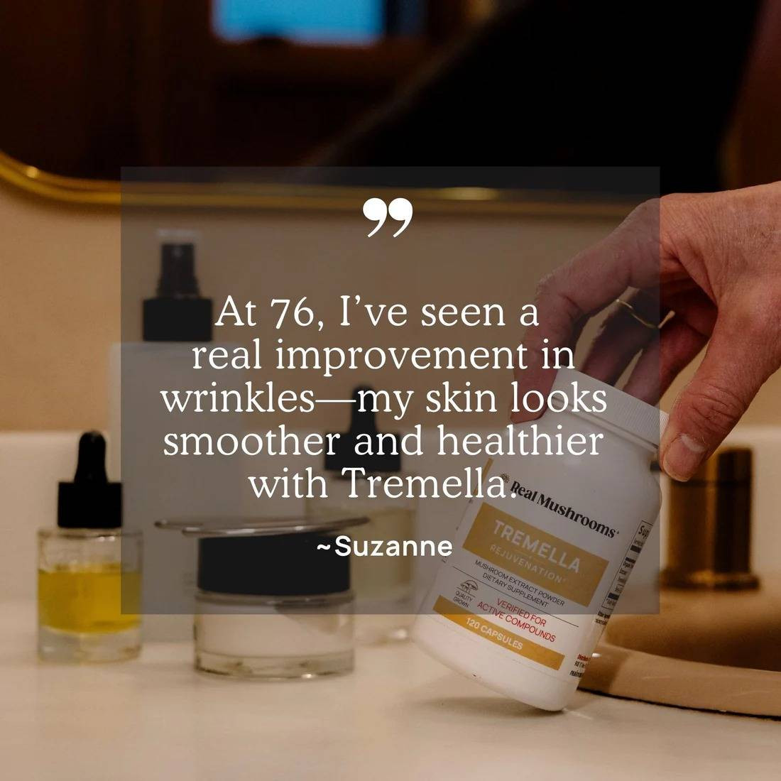 Customer testimonial quote over a hand holding the Tremella bottle