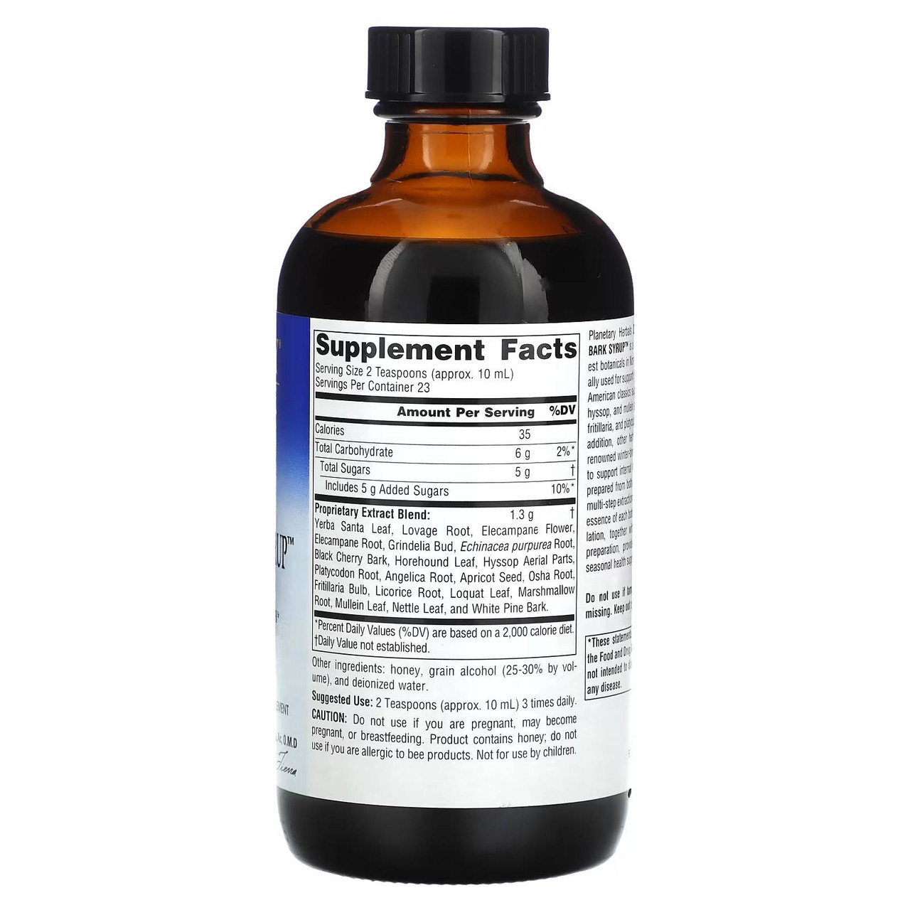 Wild Cherry Bark Syrup bottle back with supplement facts