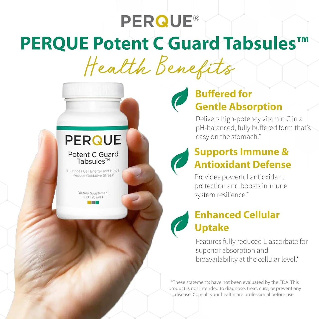 Hand holding the bottle, Potent C Guard Tabsules health benefits graphic