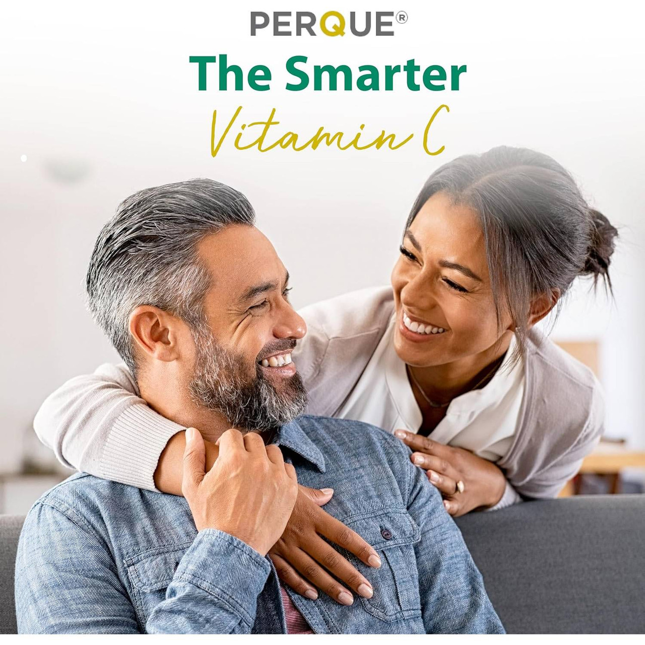 Smiling older couple embracing, the smarter vitamin C graphic