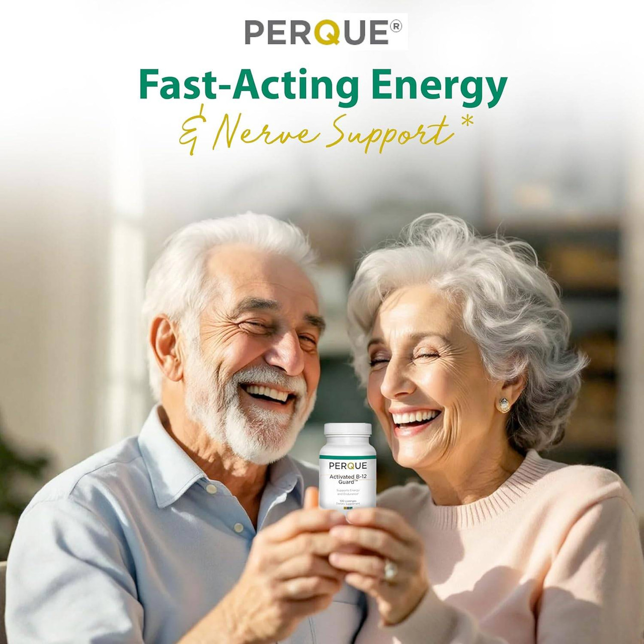 Smiling older couple holding a Perque bottle, fast-acting energy graphic