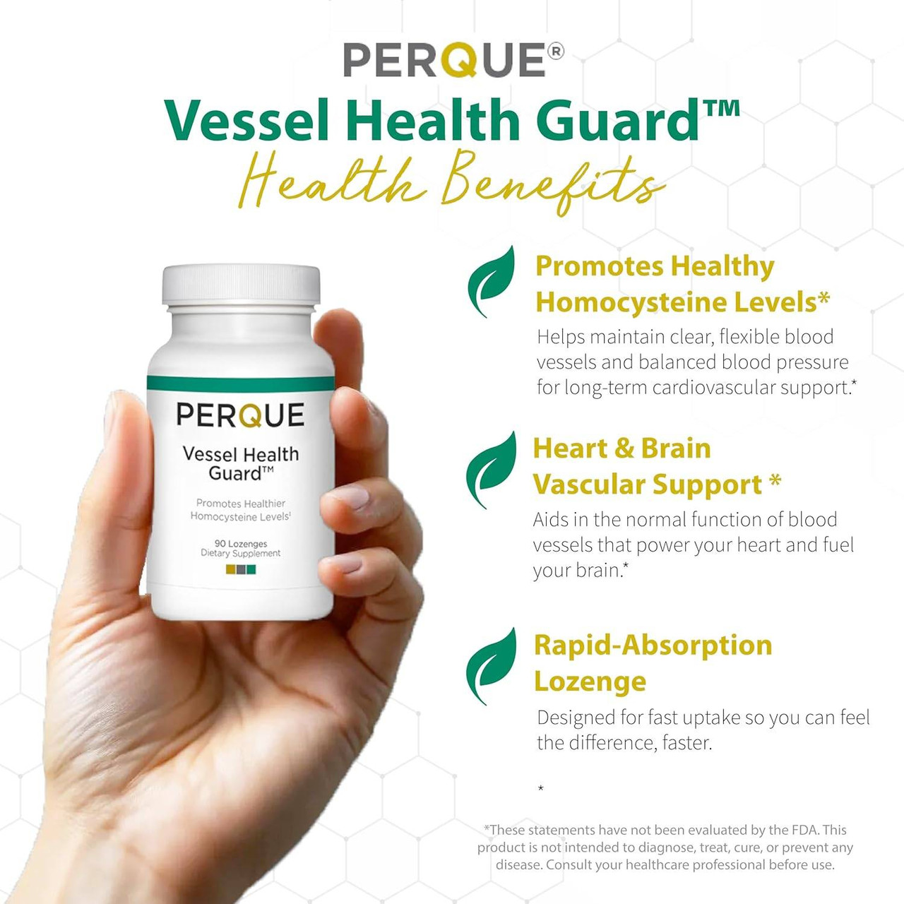 Hand holding Perque Vessel Health Guard bottle with product highlights