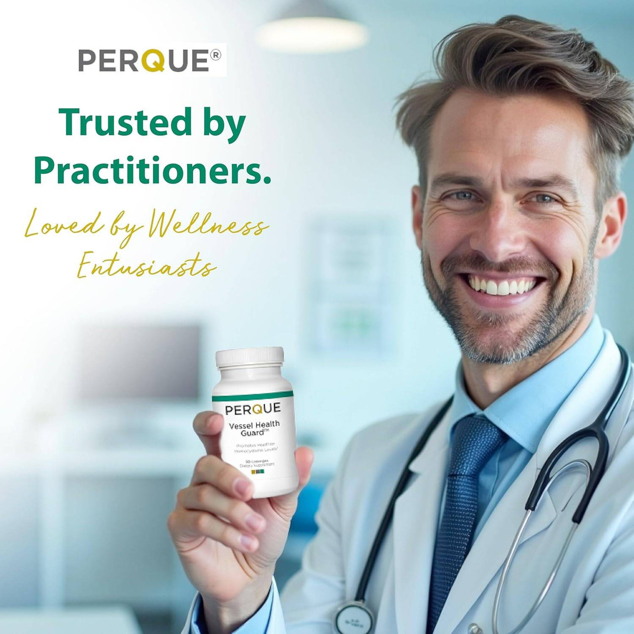 Doctor holding a Perque bottle, trusted by practitioners graphic