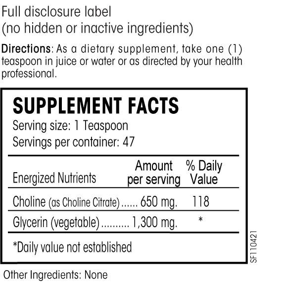 Perque Choline Citrate supplement facts panel with directions