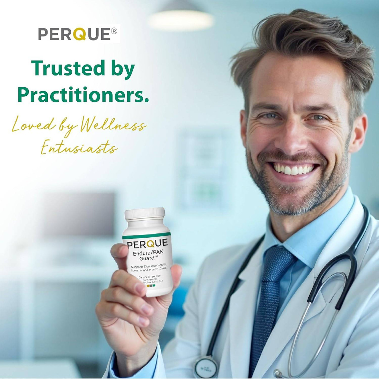 Smiling practitioner holding the bottle, trusted by practitioners graphic