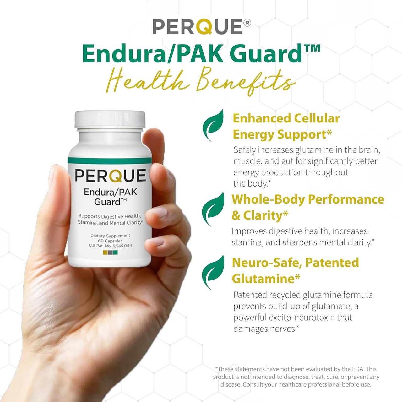 Hand holding the bottle, Endura/PAK Guard health benefits graphic