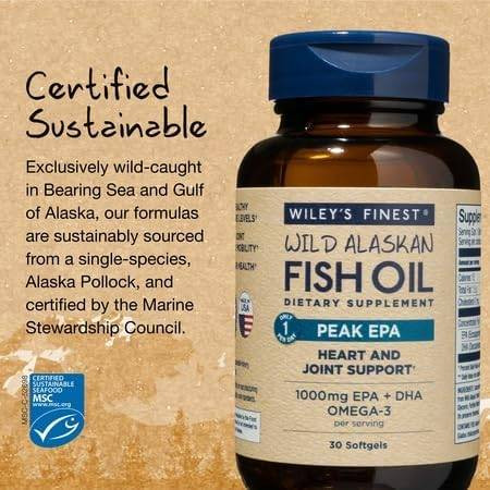 Peak EPA bottle, certified sustainable wild-caught Alaska pollock graphic with MSC logo