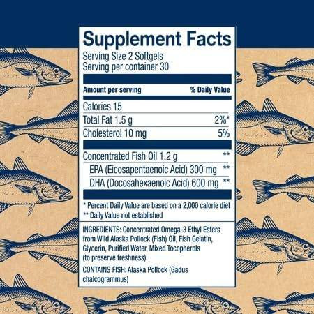 Prenatal DHA supplement facts for the 60 softgel size, 2 softgel serving with 1.2 g fish oil, 600 mg DHA
