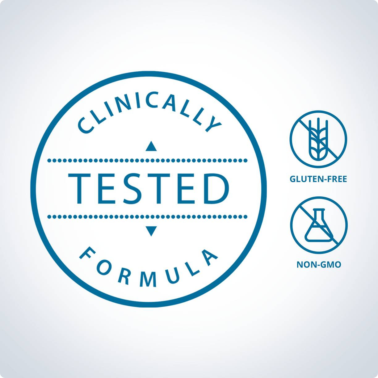 Clinically tested formula badge with gluten-free and non-GMO icons