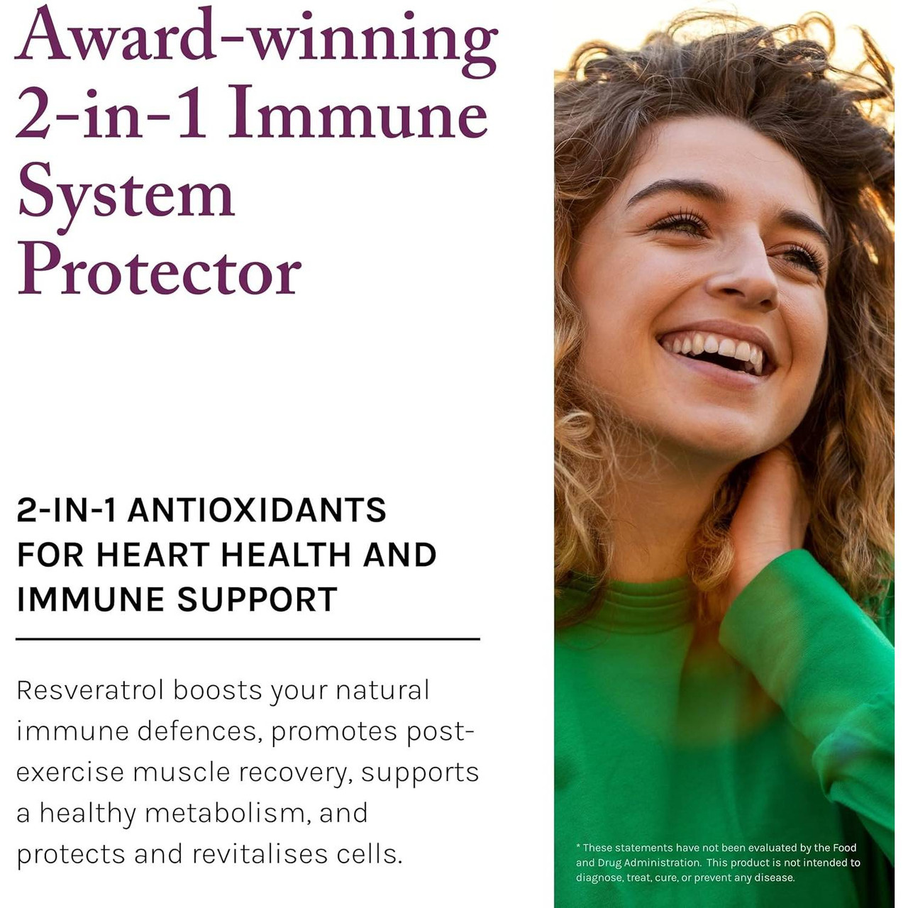 Smiling woman, award-winning 2-in-1 antioxidants graphic
