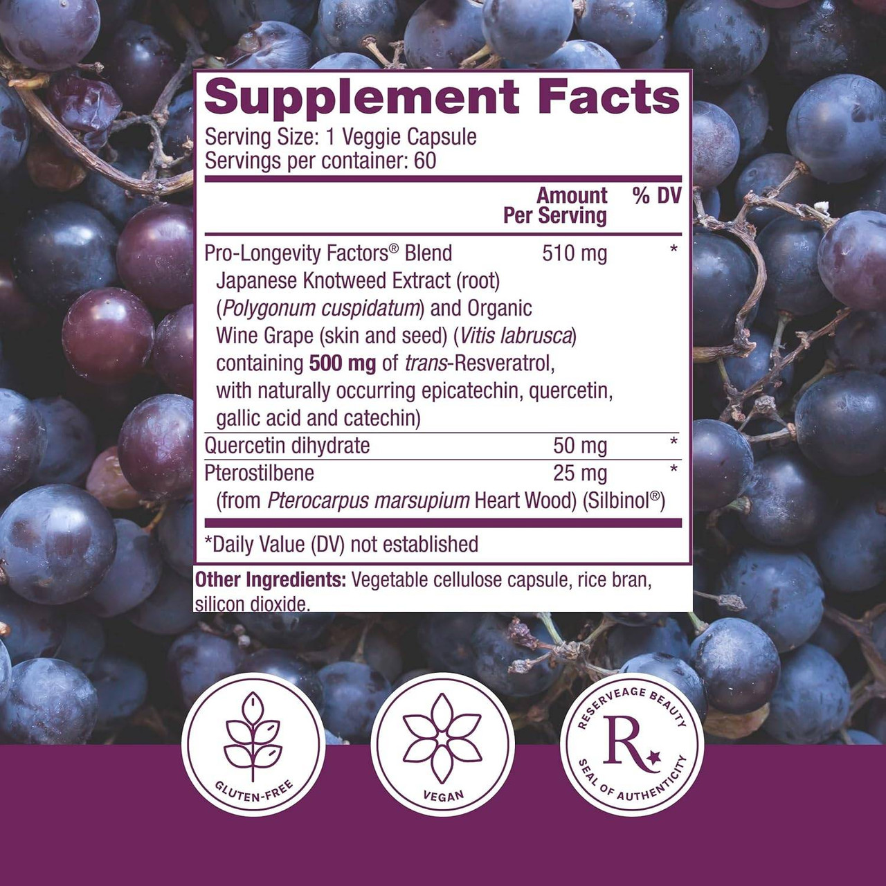 Resveratrol with Pterostilbene supplement facts panel over red grapes