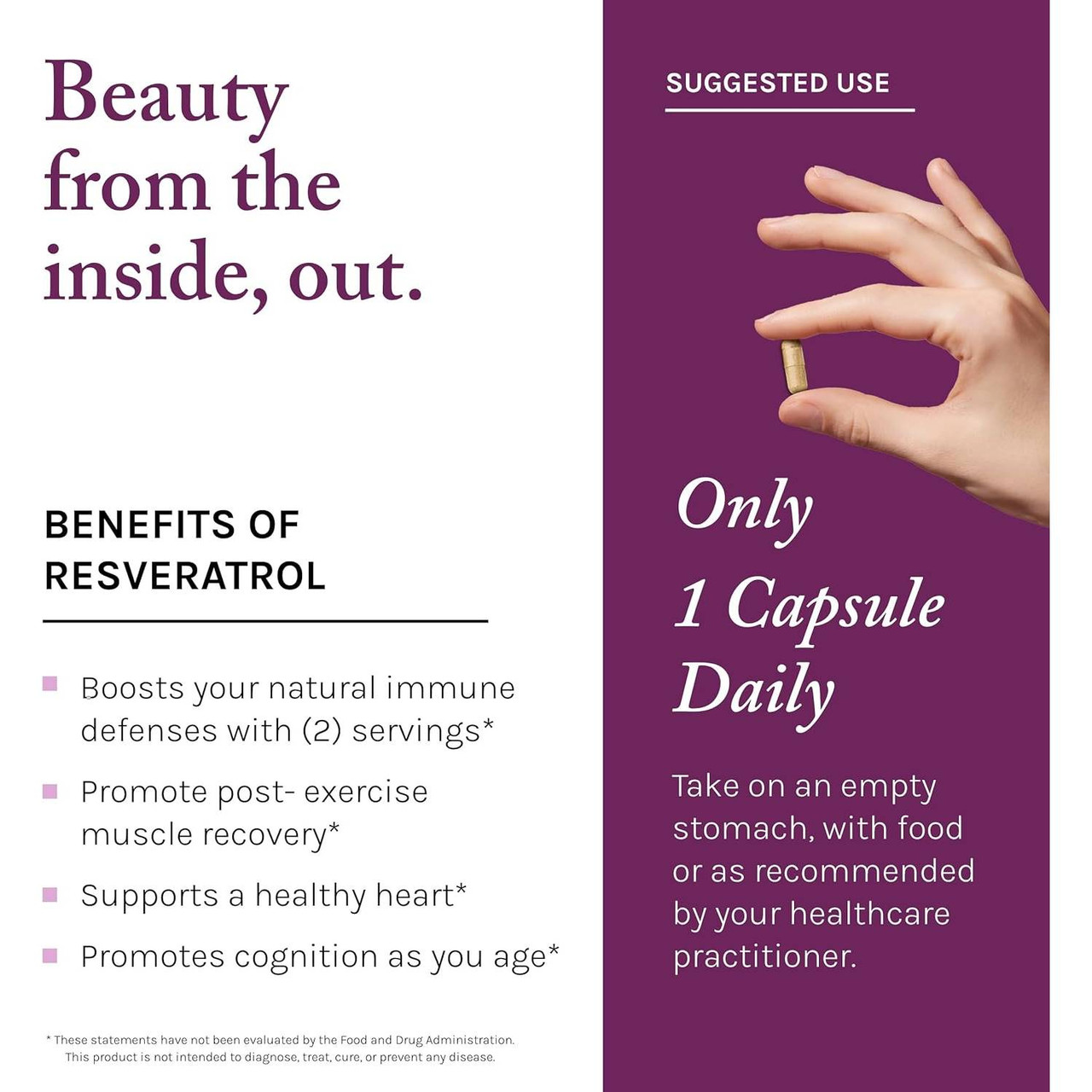 Hand holding a capsule, only 1 capsule daily with benefits list
