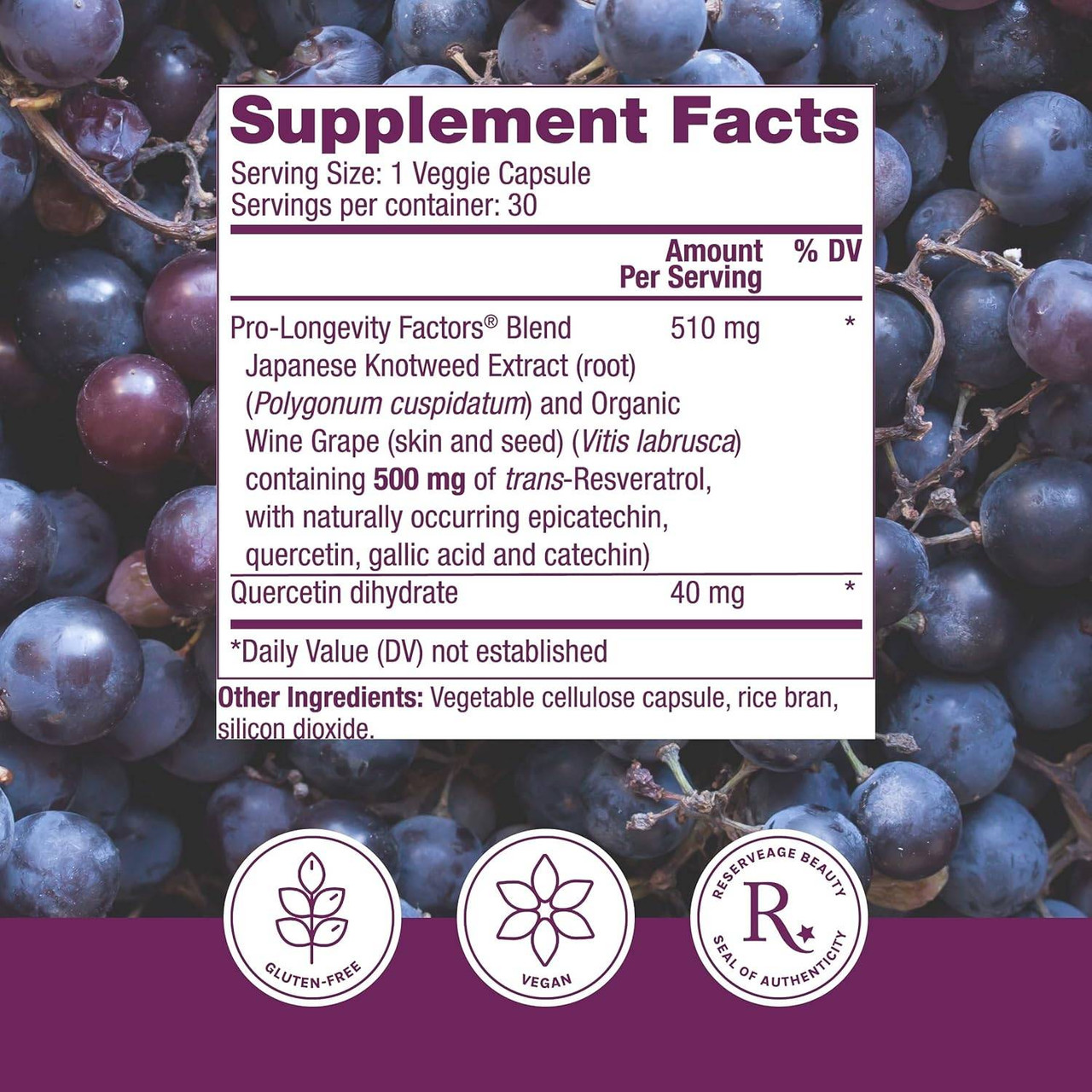 Resveratrol supplement facts, 1 veggie capsule serving, 30 servings