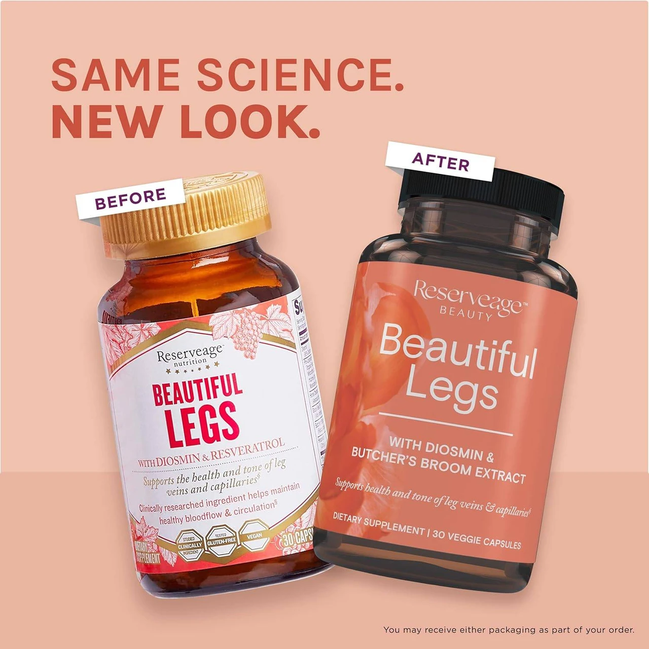Before and after Beautiful Legs bottles, same science new look