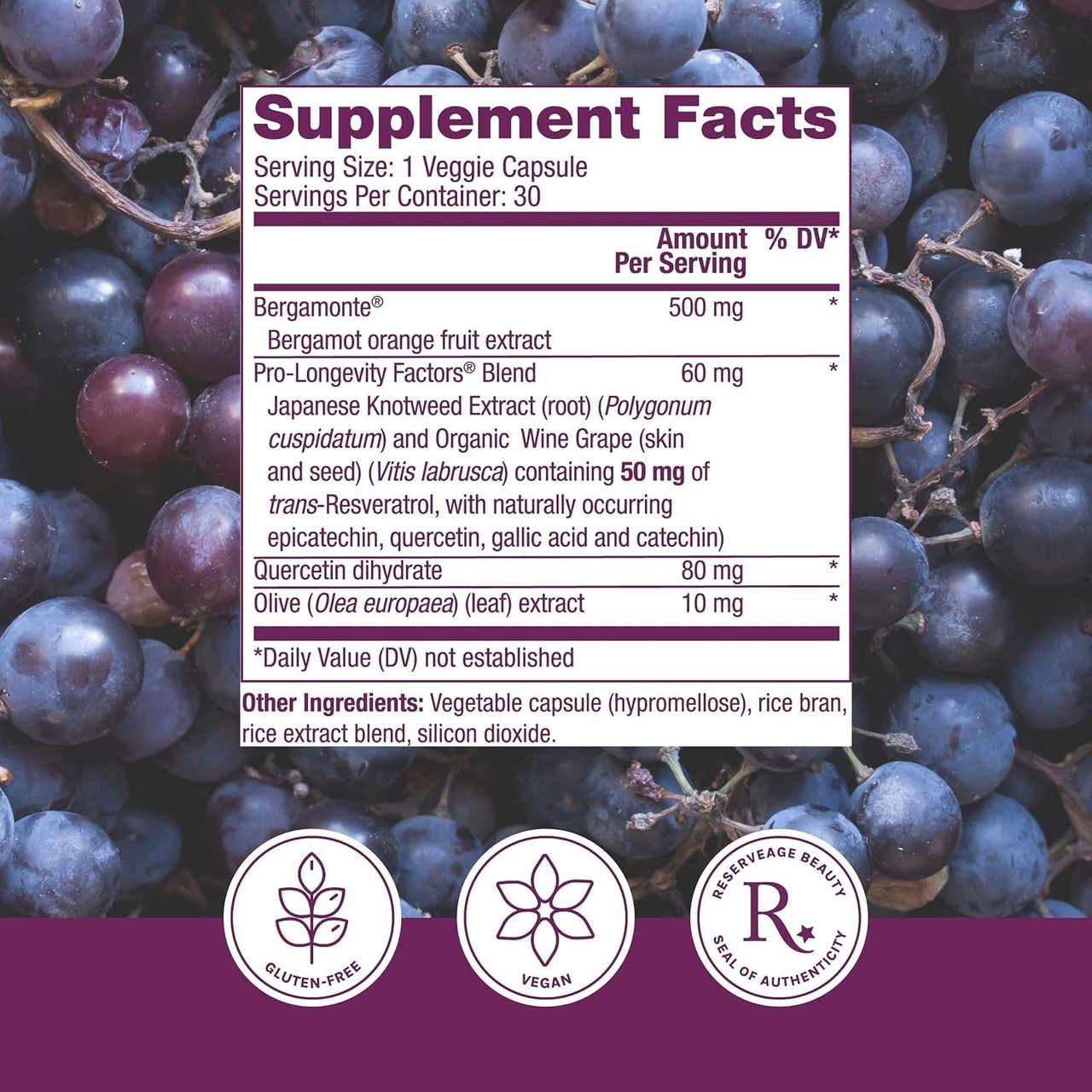Bergamot Cholesterol Support supplement facts over purple grapes
