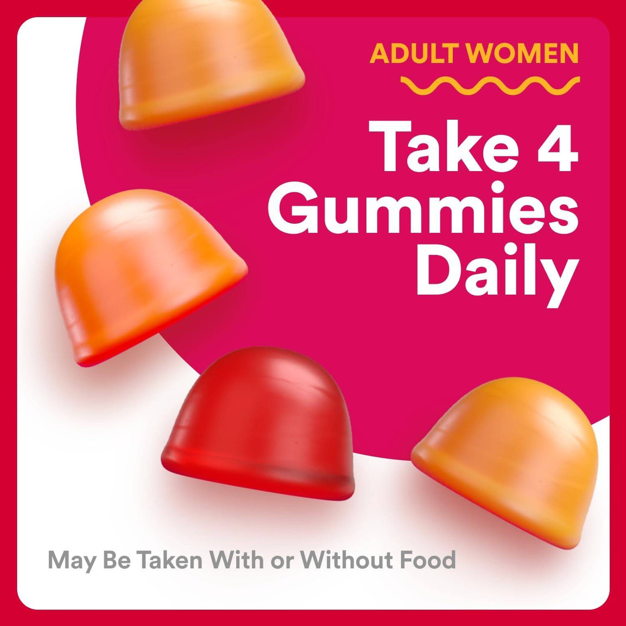 Gummies on pink, adult women take 4 gummies daily
