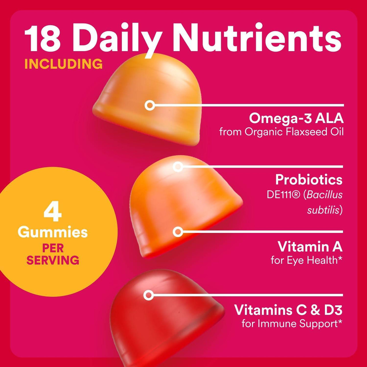 Gummies with 18 daily nutrients including omega-3, probiotics and vitamins