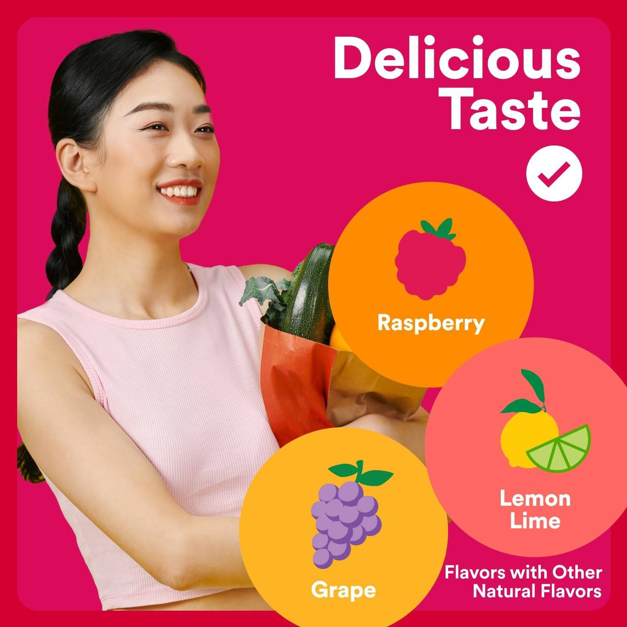 Woman holding fruit, raspberry, grape and lemon lime delicious taste graphic