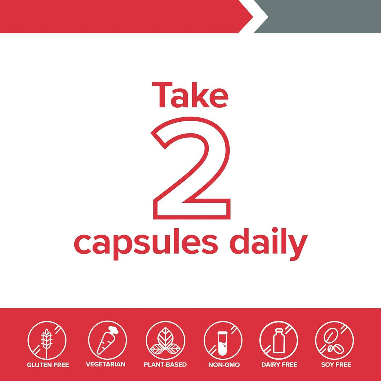 Take 2 capsules daily graphic with gluten-free, vegetarian and free-from icons