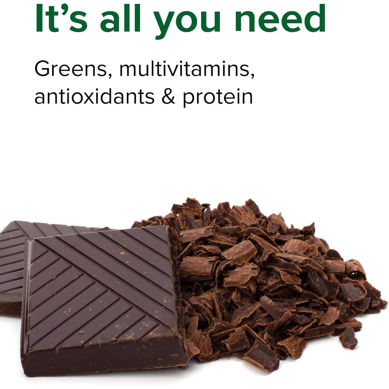 Chocolate pieces and cocoa, it's all you need greens multivitamins antioxidants protein