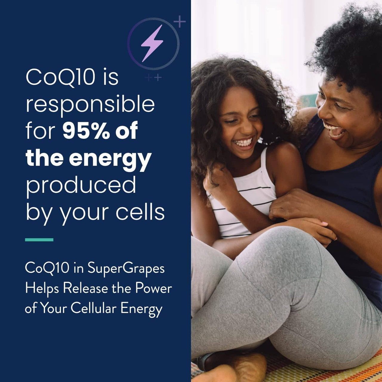 Mother and daughter laughing, CoQ10 cellular energy graphic