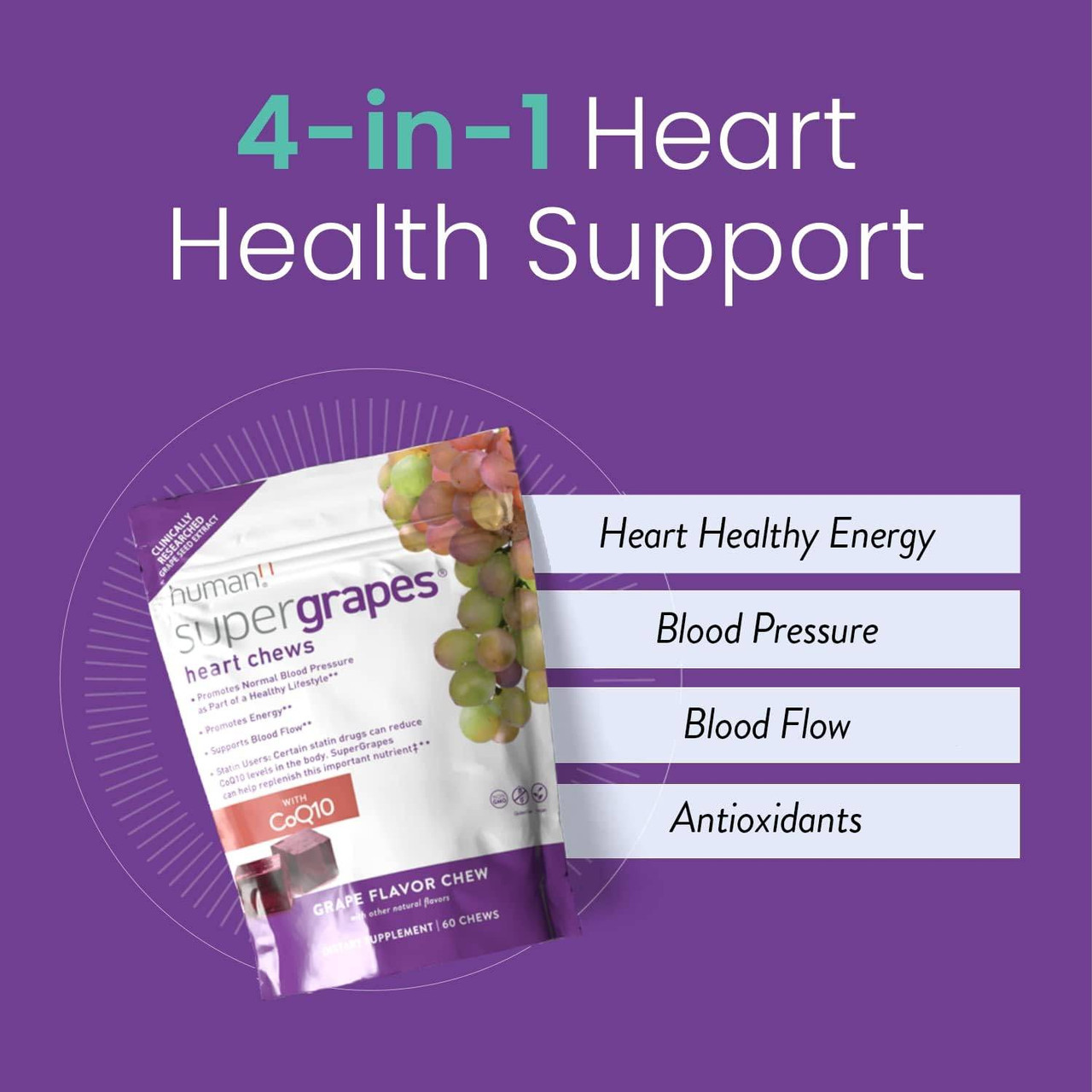 SuperGrapes bag with 4-in-1 heart health support callouts