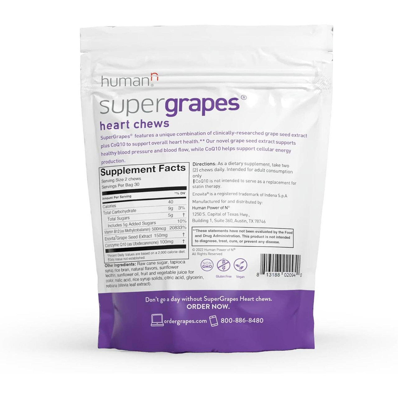 SuperGrapes bag back with supplement facts