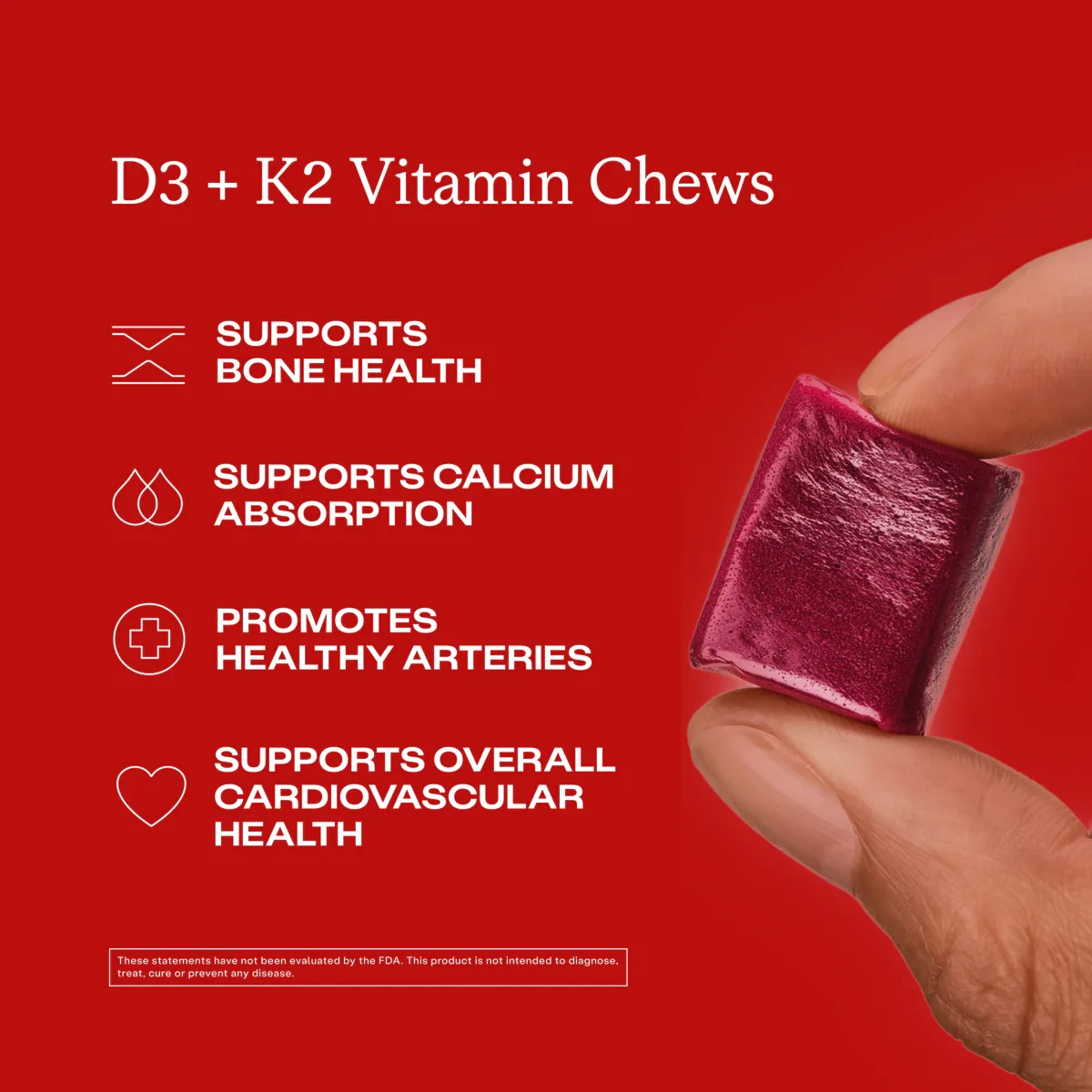 Hand holding a D3 + K2 chew with feature icons