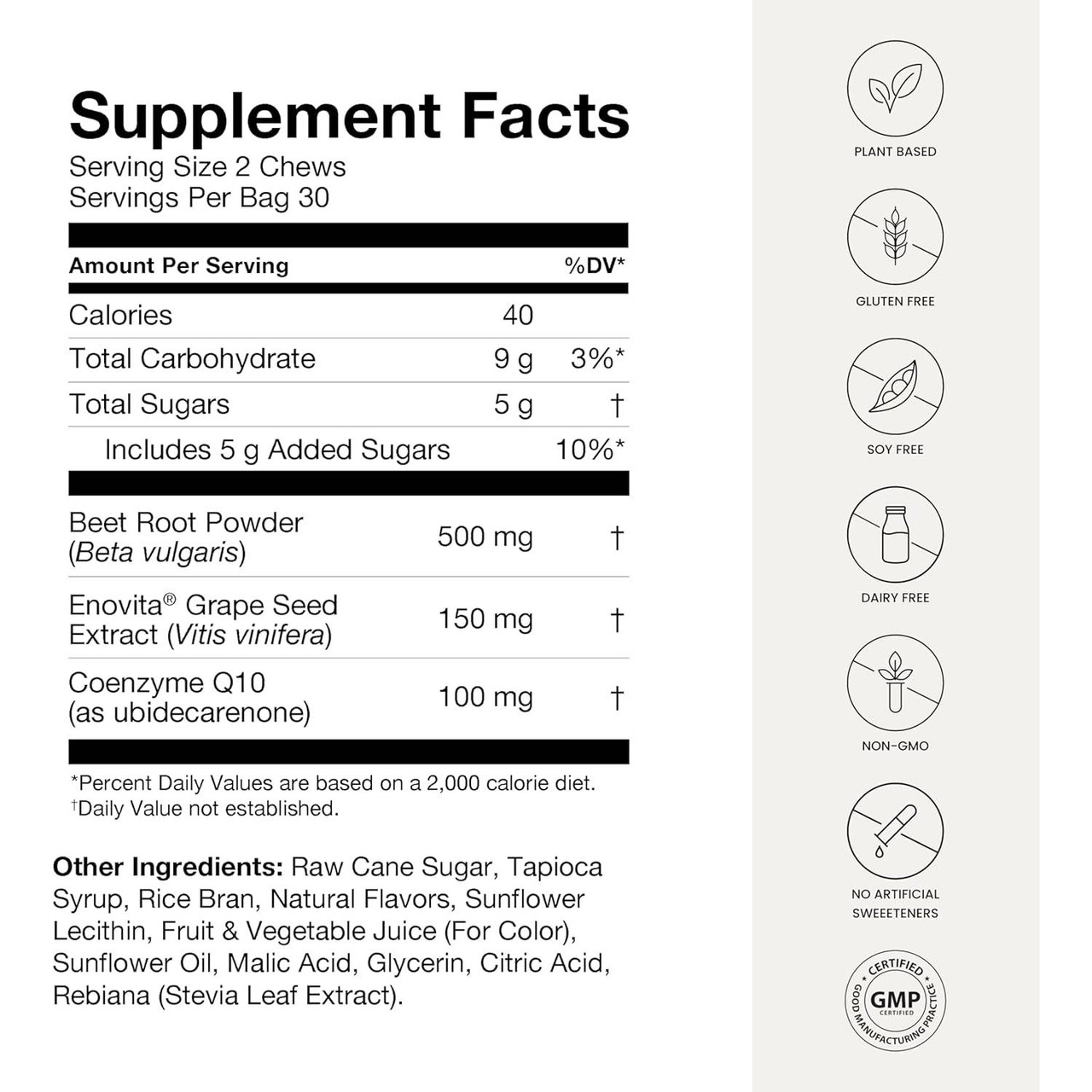 Supplement facts and other ingredients for SuperBeets Heart Chews
