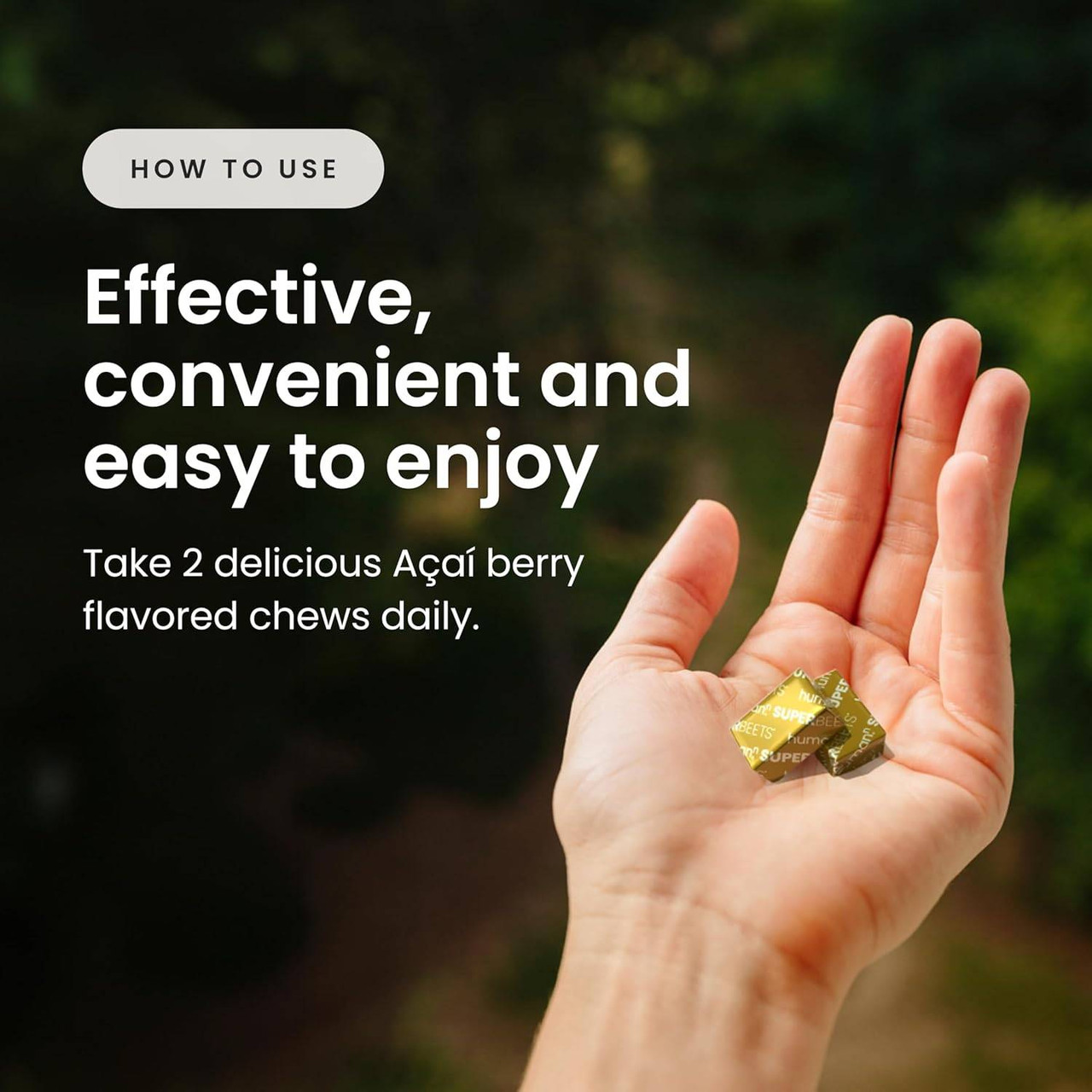Open hand holding gold-wrapped chews, how to use text