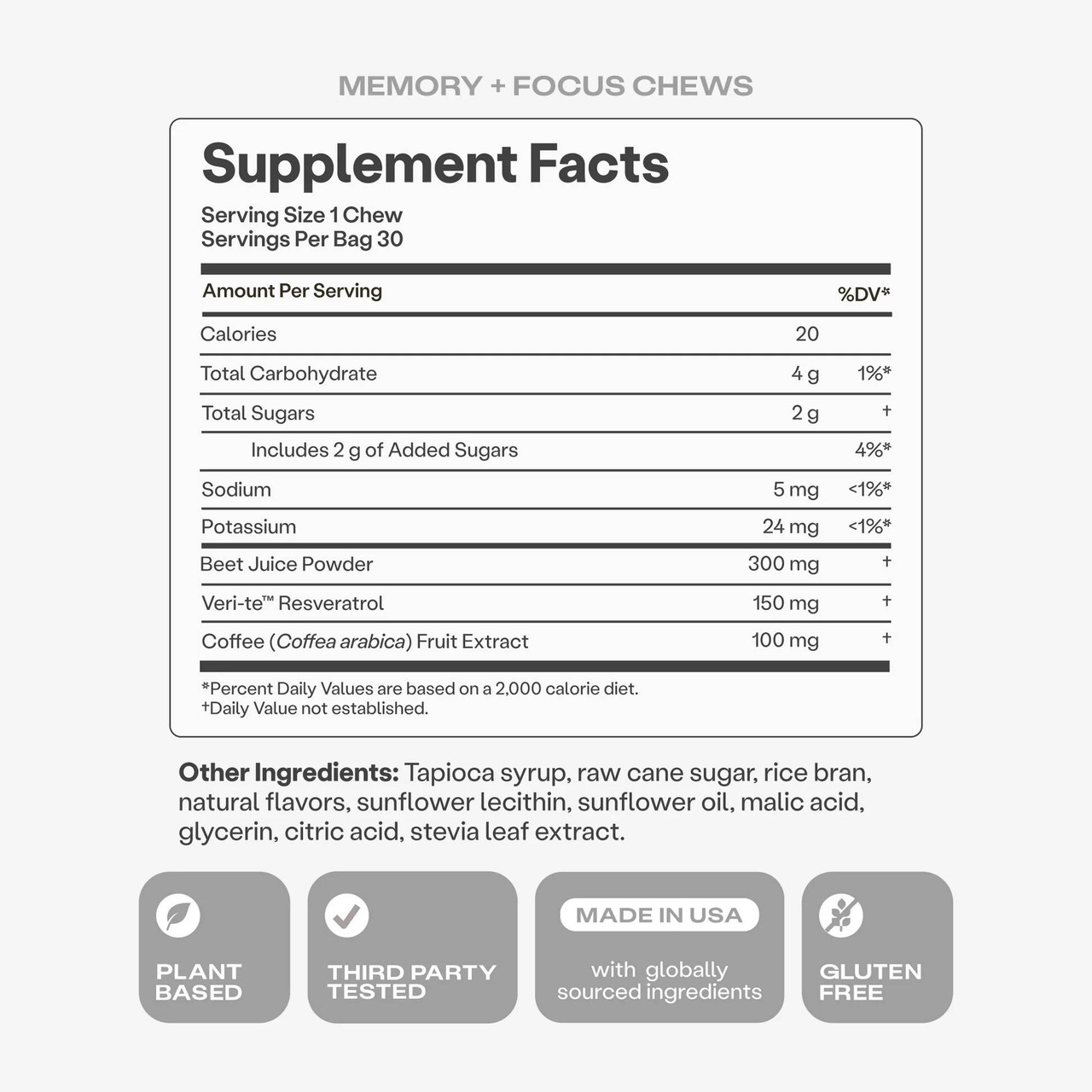 Memory + Focus Chews supplement facts panel