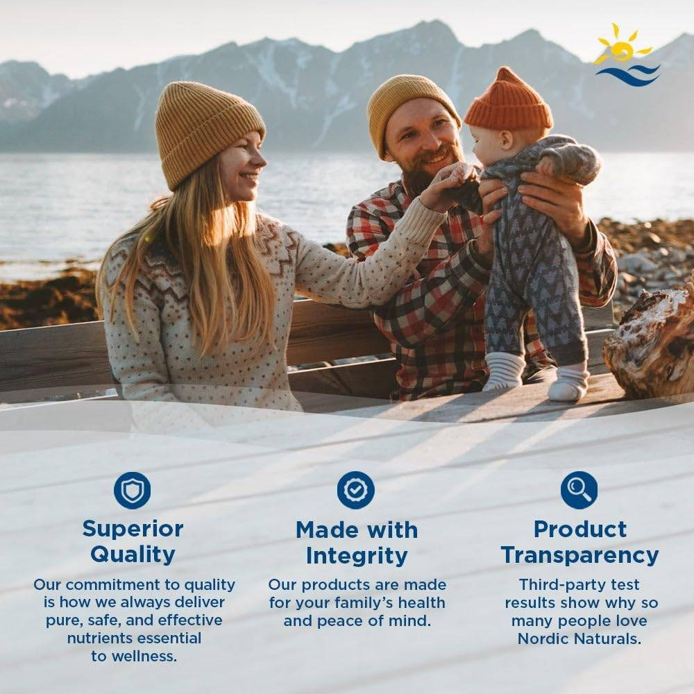 Family sitting on rocks by a lake, Nordic Naturals superior quality, integrity and transparency graphic
