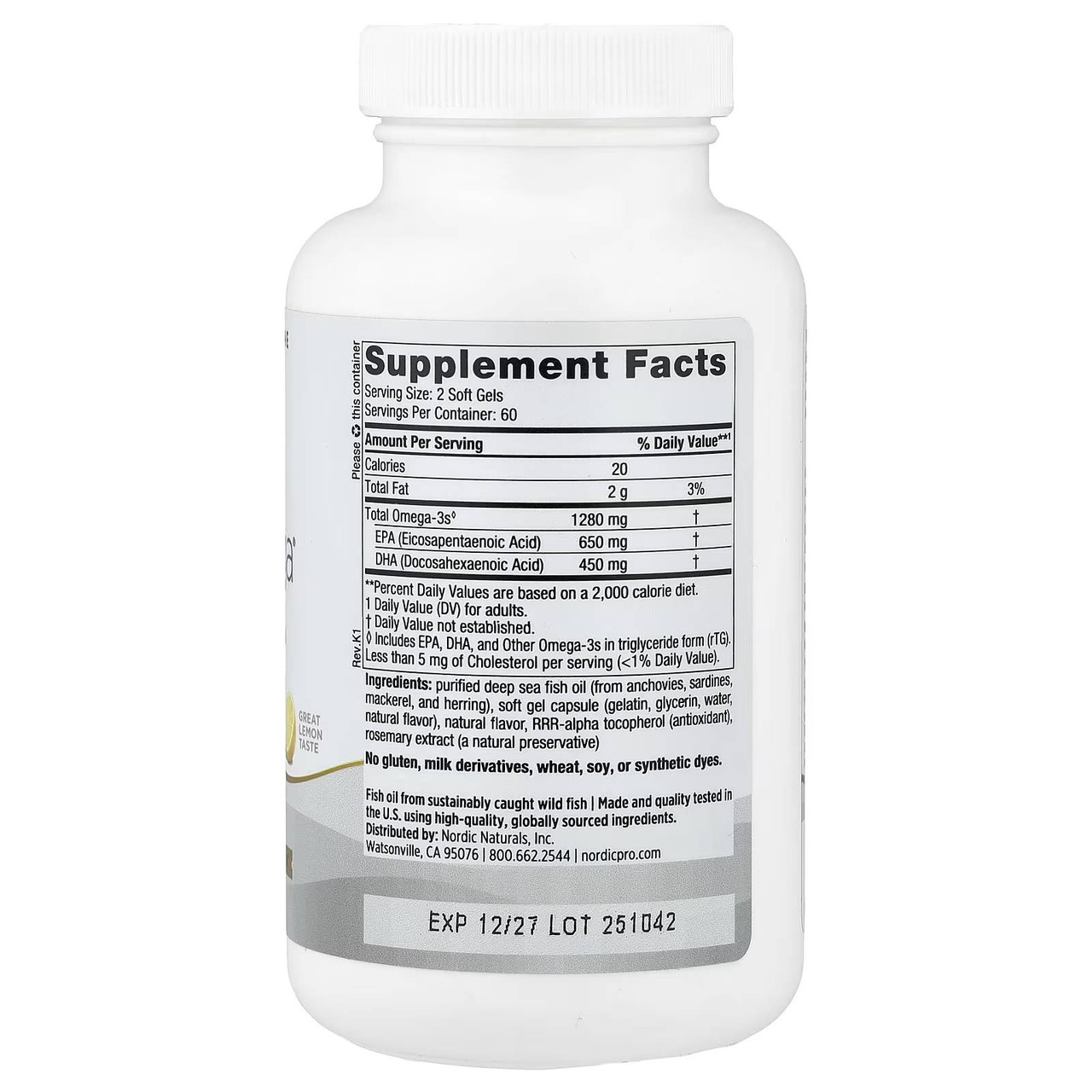 ProOmega 120 soft gel bottle side with supplement facts
