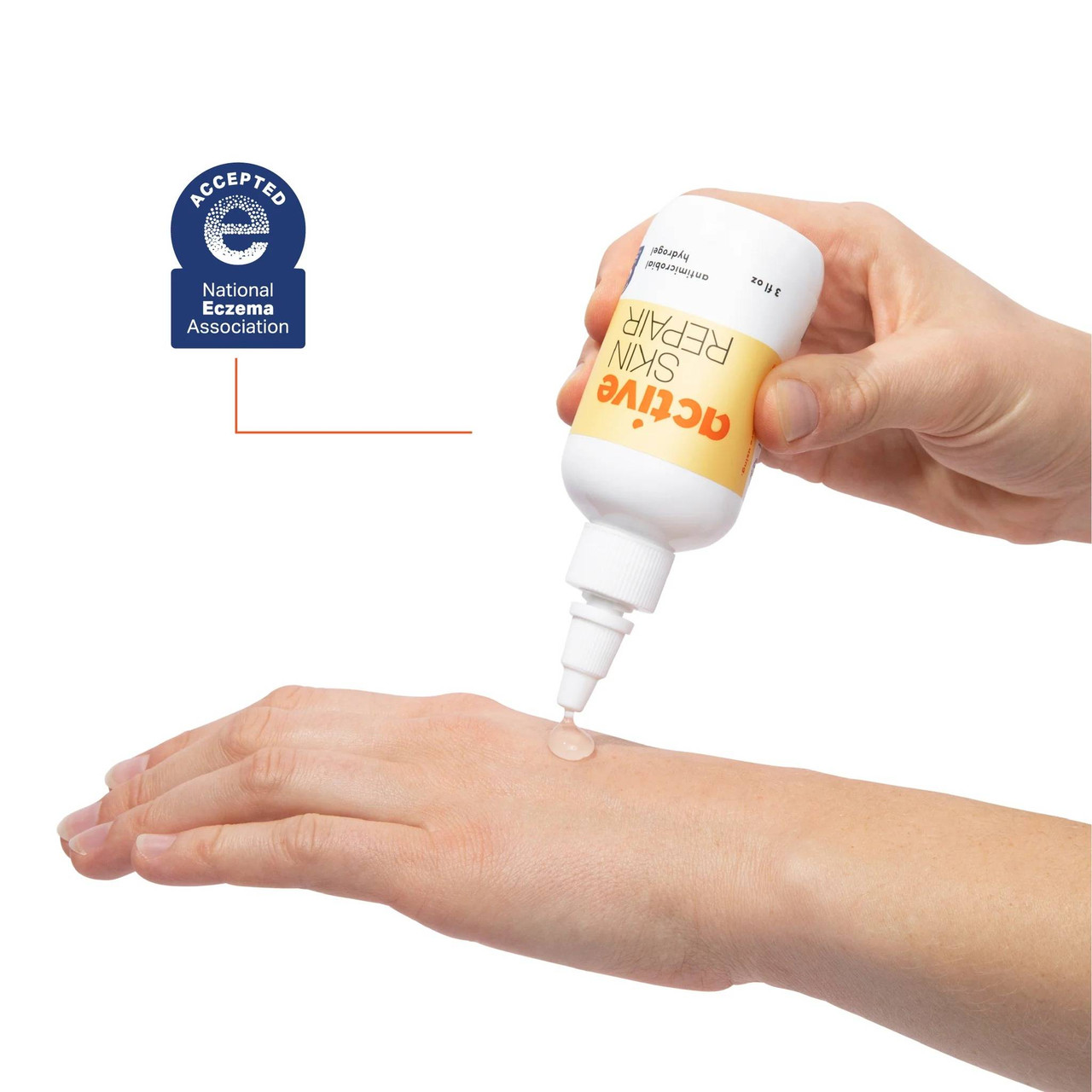 Hand dispensing Active Skin Repair Hydrogel onto a forearm