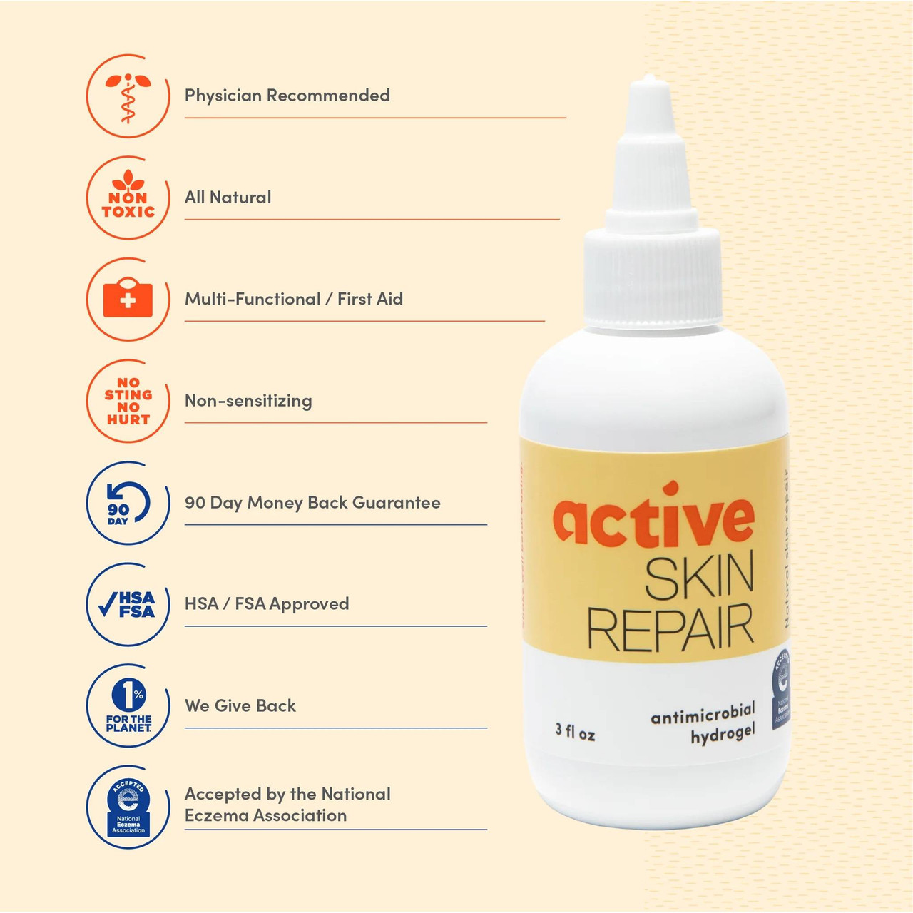 Active Skin Repair Hydrogel bottle with feature icons