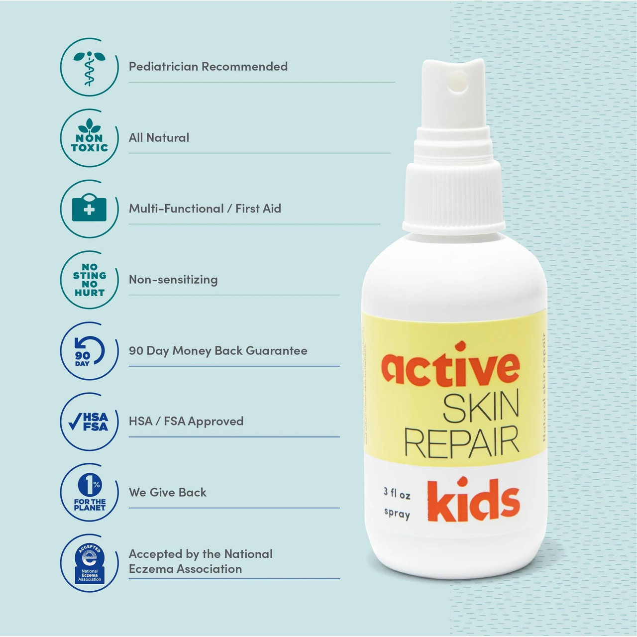Active Skin Repair Kids spray with pediatrician recommended, all natural and non-sensitizing icons