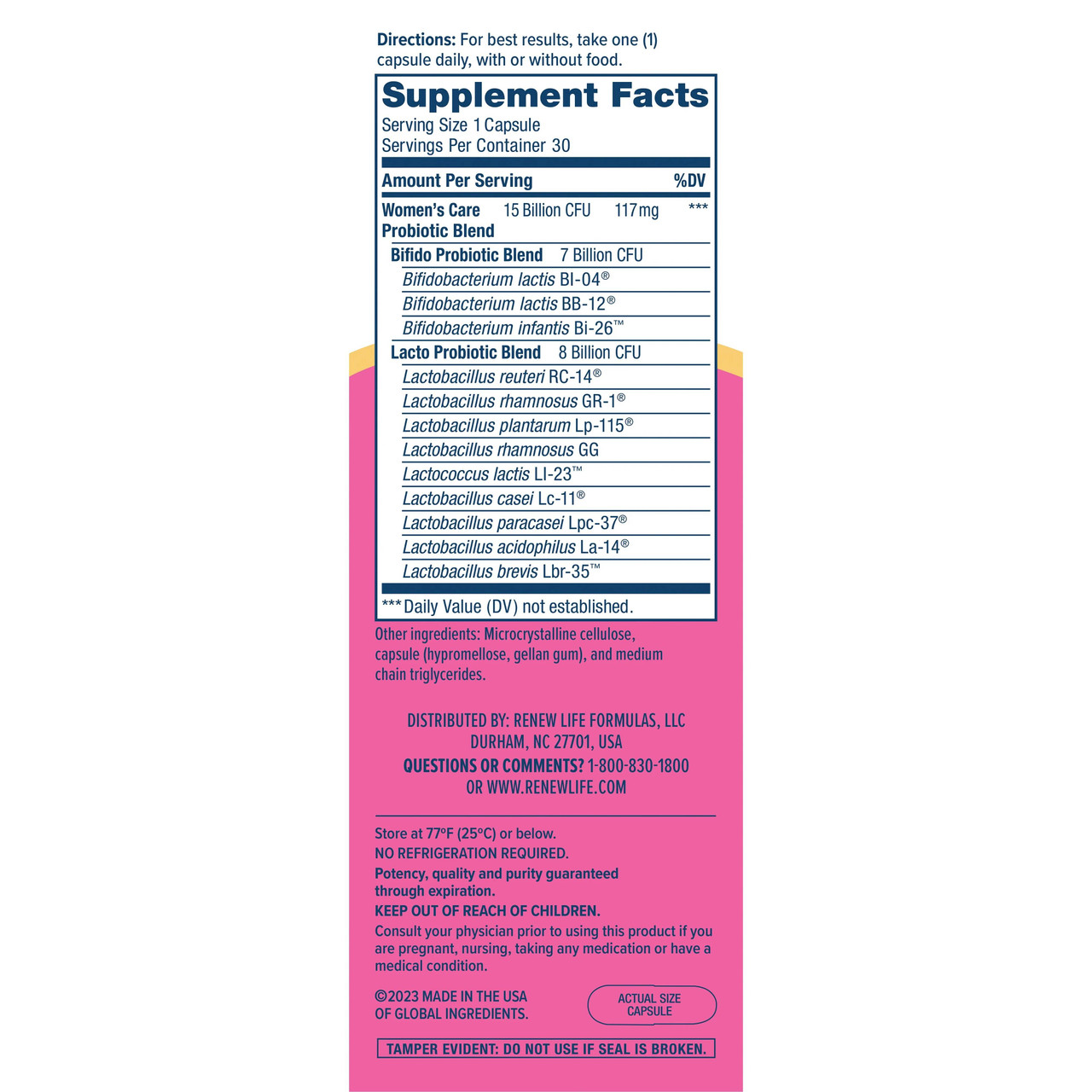 Women's Care probiotic box side panel with directions and contact info