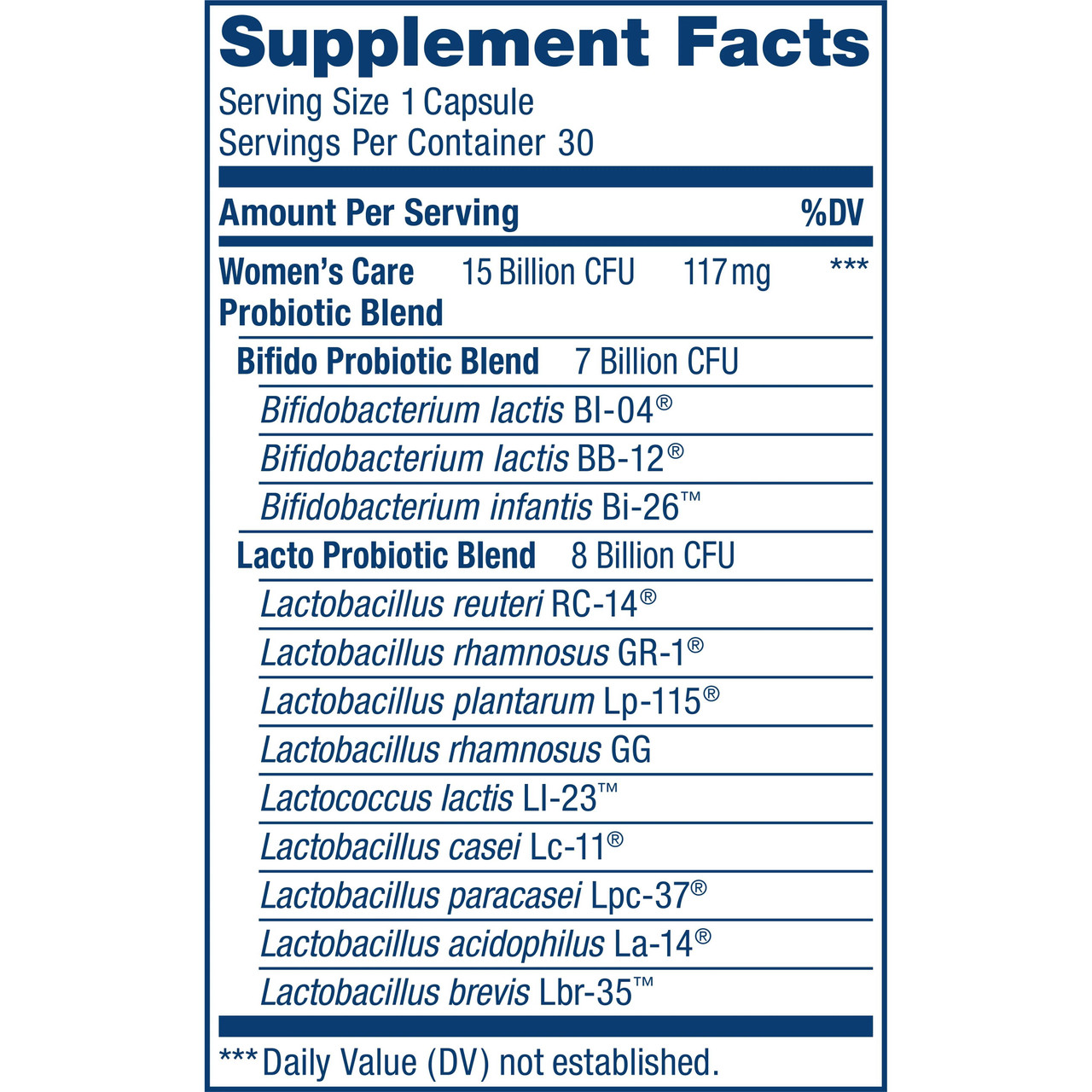Women's Care probiotic supplement facts with 12-strain 15 billion CFU blend
