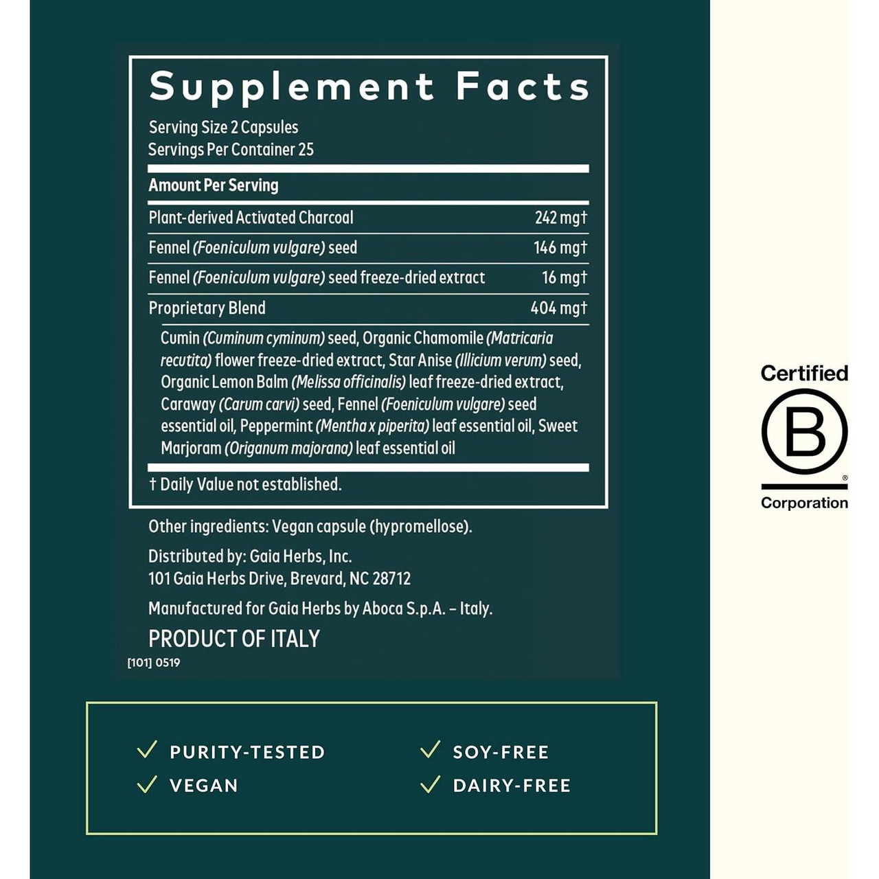 Gas and Bloating supplement facts with charcoal fennel caraway star anise lemon balm