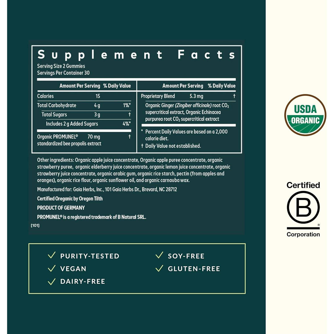 Immune Rapid Defense gummies supplement facts with propolis ginger and echinacea