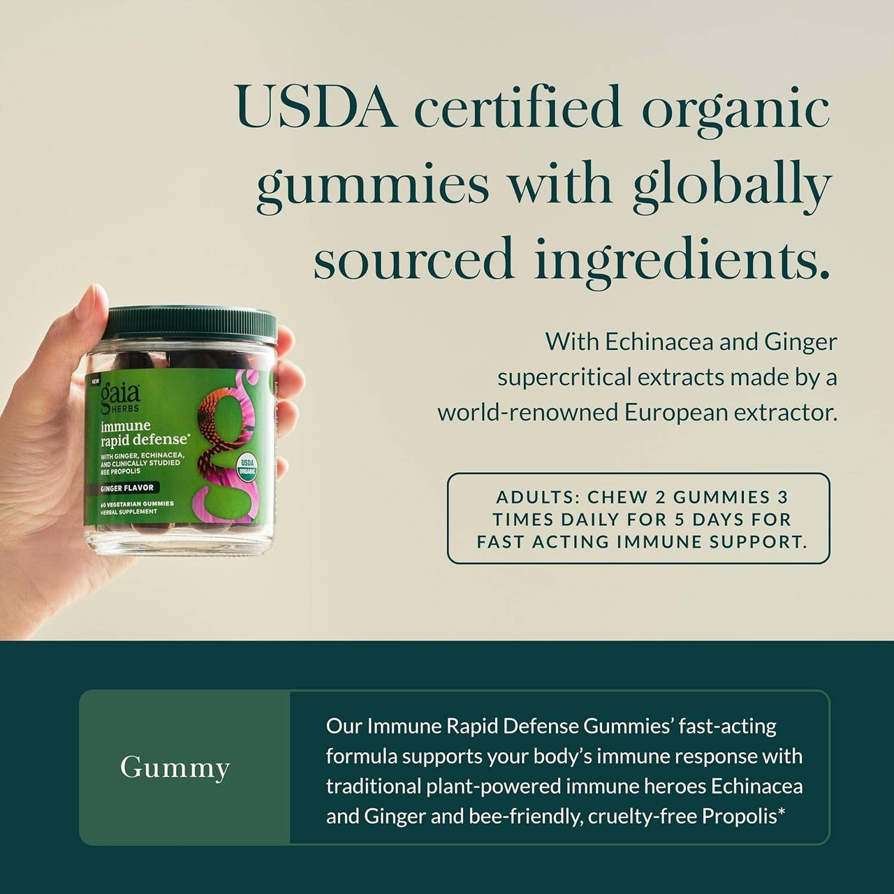 Hand with Immune Rapid Defense bottle, USDA organic echinacea ginger 5-day dosage graphic