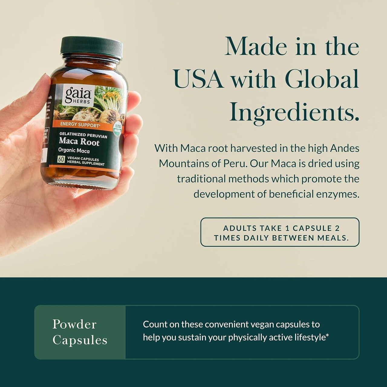 Hand holding the bottle, made in the USA with global ingredients graphic
