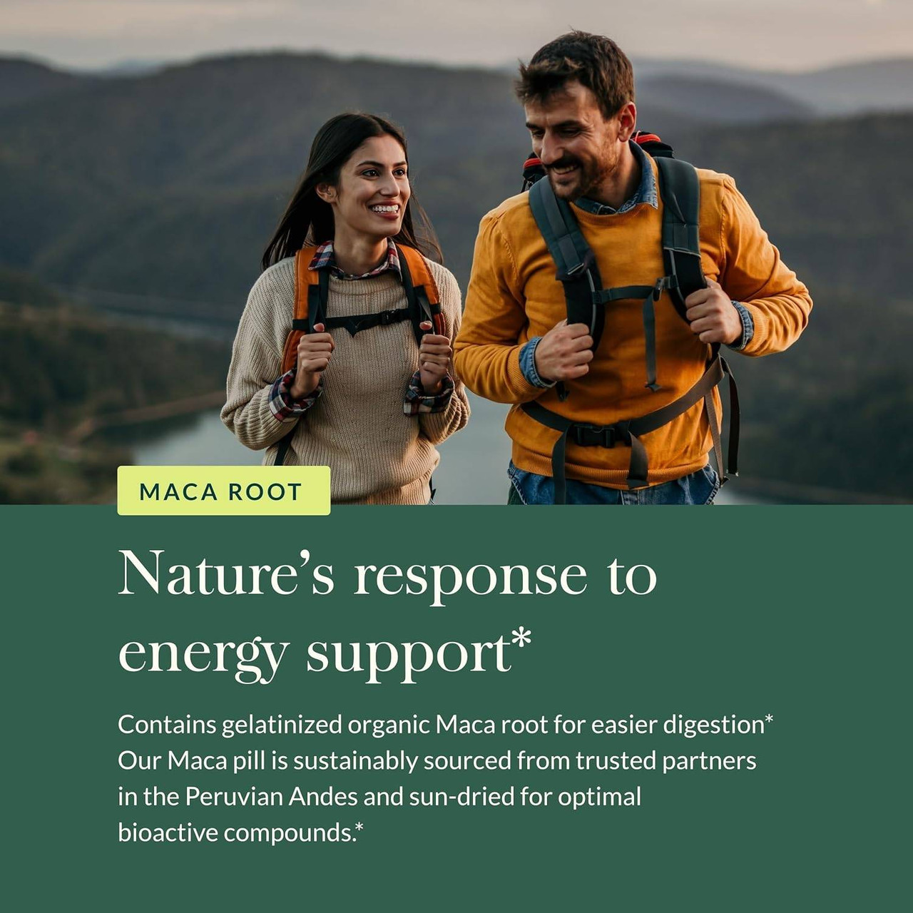 Couple hiking in the mountains, maca root nature's response to energy support graphic