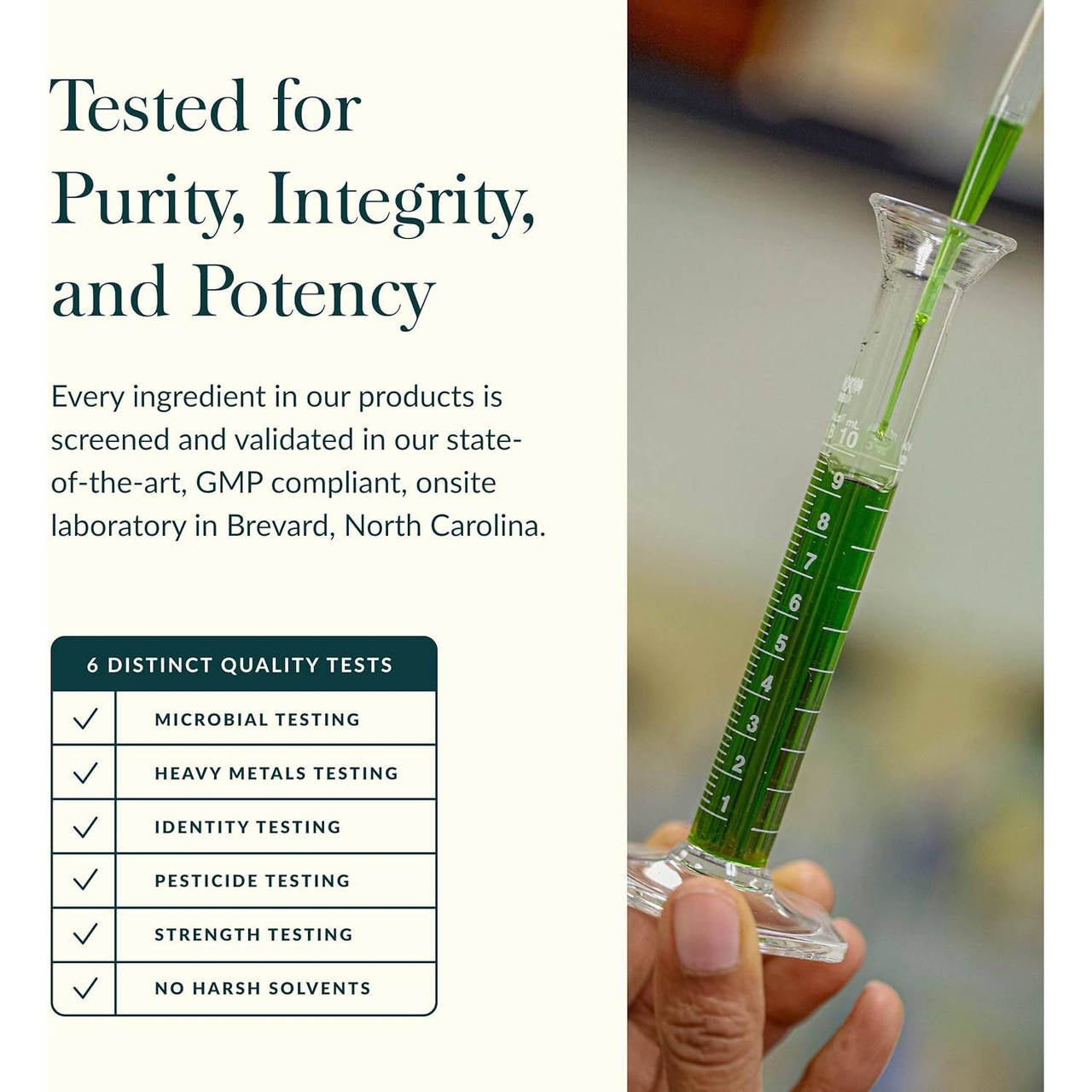 Dropper of green extract, Gaia Herbs tested for purity, integrity and potency graphic