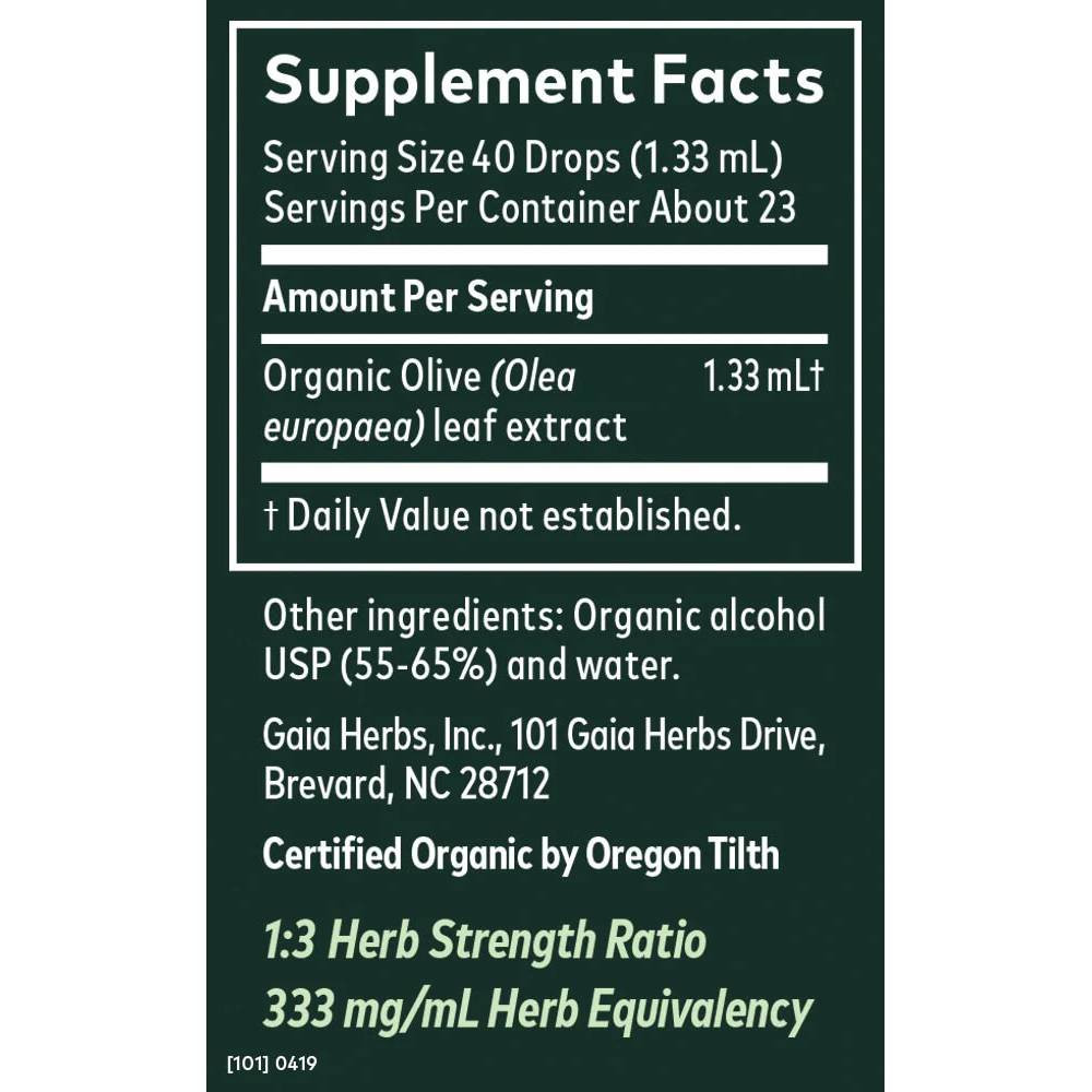 Olive Leaf supplement facts, organic olive leaf extract 40 drops 1:3 strength