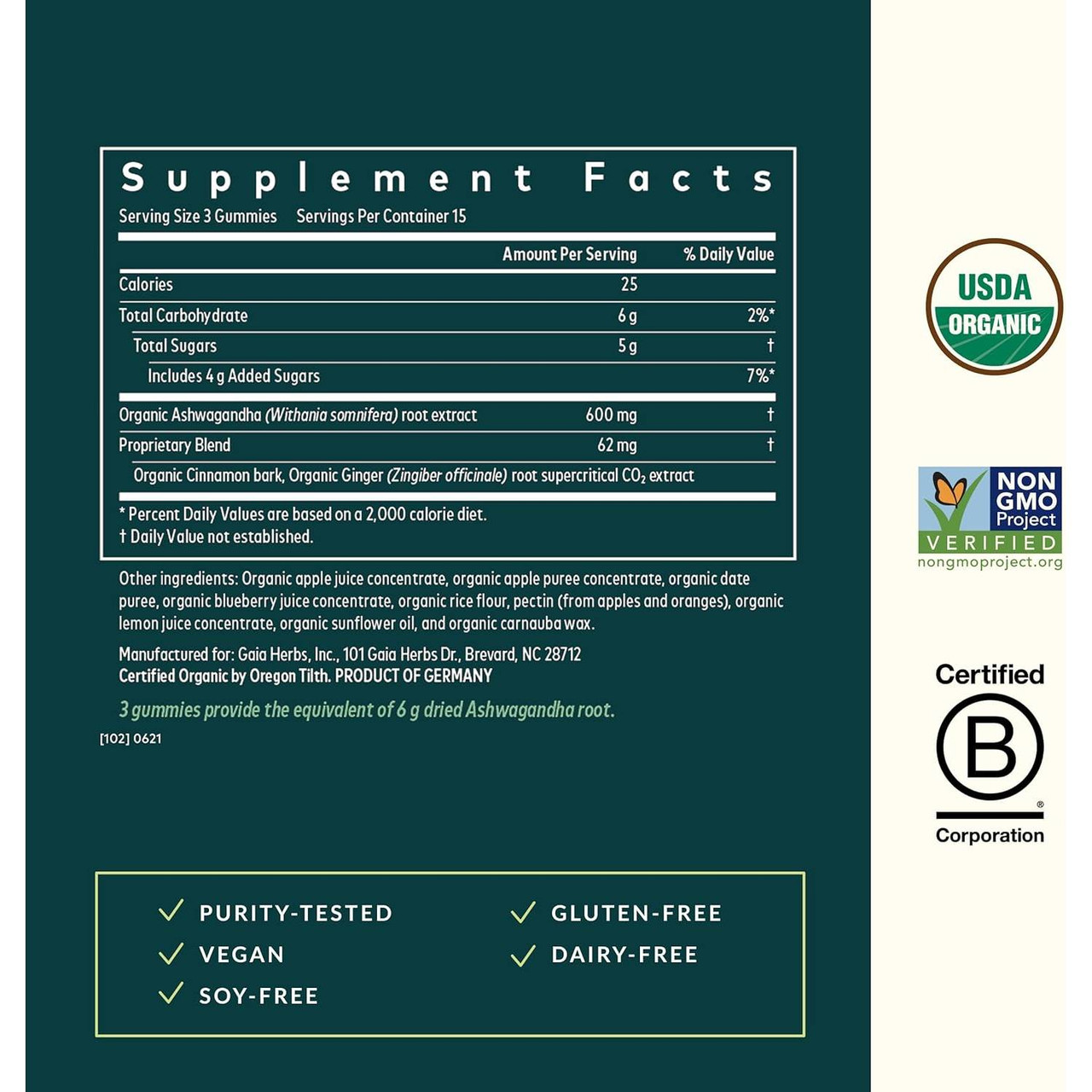 Ashwagandha Gummies supplement facts with organic and B Corp logos