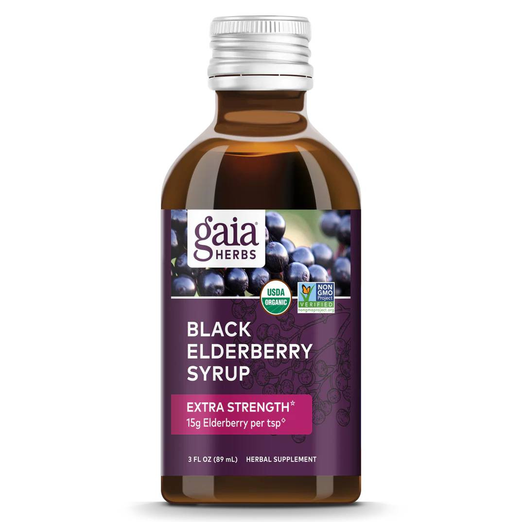 Gaia Herbs Black Elderberry Syrup Extra Strength 15 g per tsp 89 mL bottle