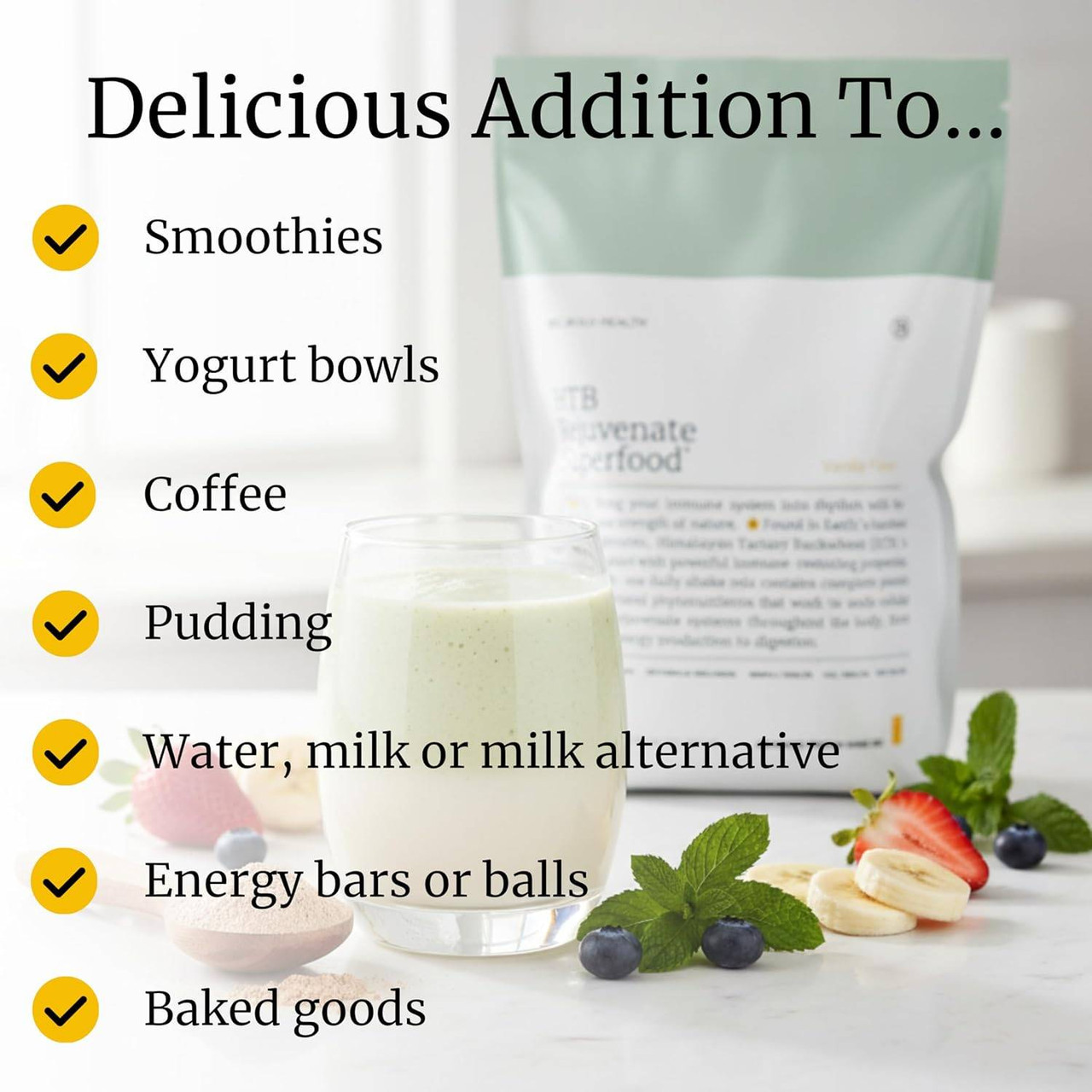 HTB Rejuvenate Superfood pouch with smoothie, uses list graphic